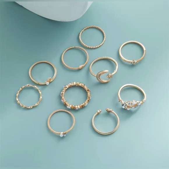 🌺 10pcs Round Ring Set in Gold and Blue - Picture 4 of 6